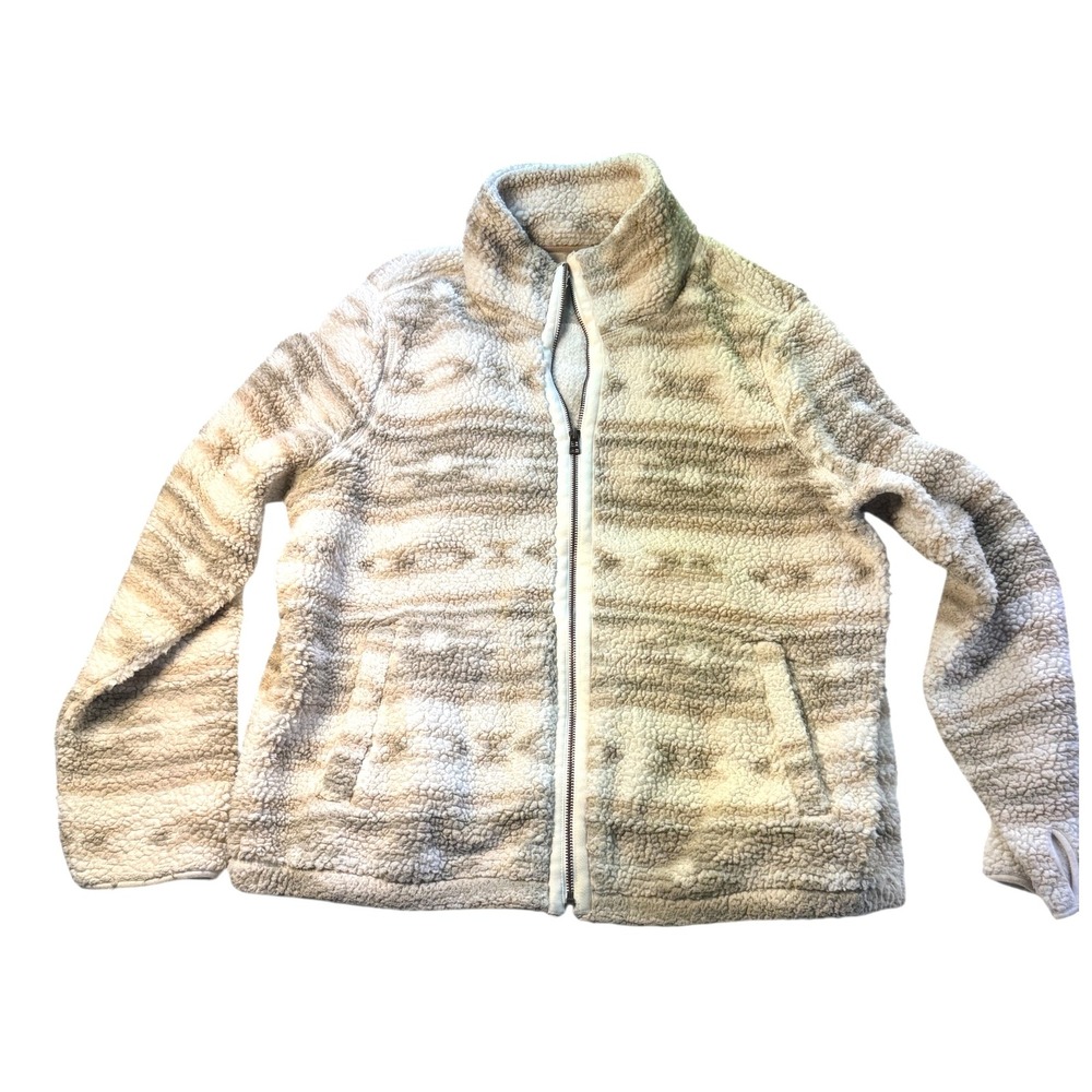 Old Navy Womens XL Full‎ Zip Up Sherpa Jacket Beige Aztec Thumb Hole Cozy Warm